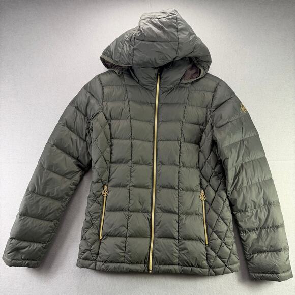 Michael Kors Packable Hooded Puffer Jacket Olive Green Gold Accents Women’s S - Picture 1 of 10
